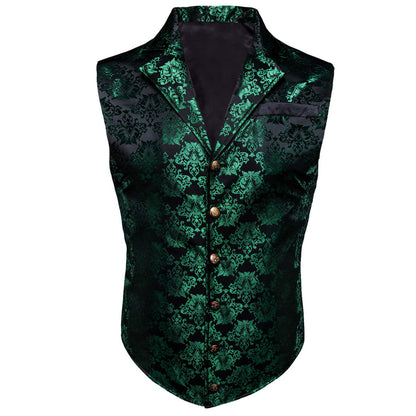 Dark Green Black Floral Silk Waistcoat Suit Vest Set vest set S (Chest 40")   - Sophisticated Gentlemen