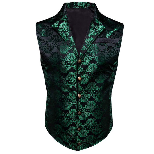 Dark Green Black Floral Silk Waistcoat Suit Vest Set vest set S (Chest 40")   - Sophisticated Gentlemen