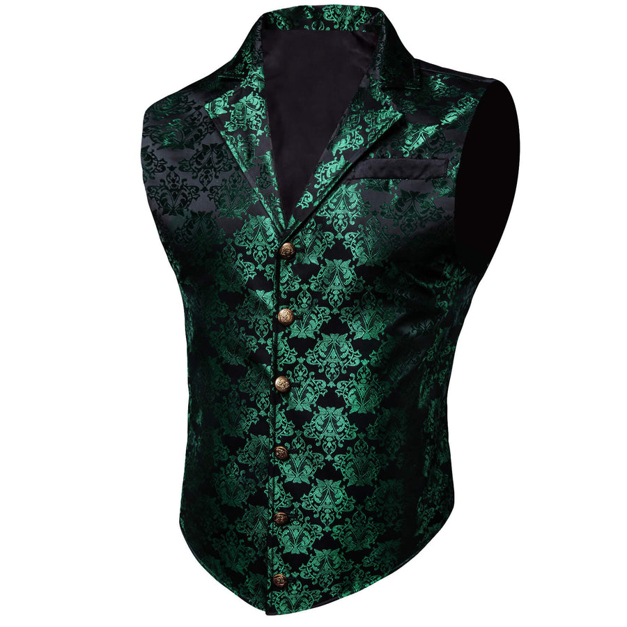 Dark Green Black Floral Silk Waistcoat Suit Vest Set vest set    - Sophisticated Gentlemen