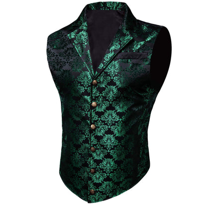 Dark Green Black Floral Silk Waistcoat Suit Vest Set vest set    - Sophisticated Gentlemen