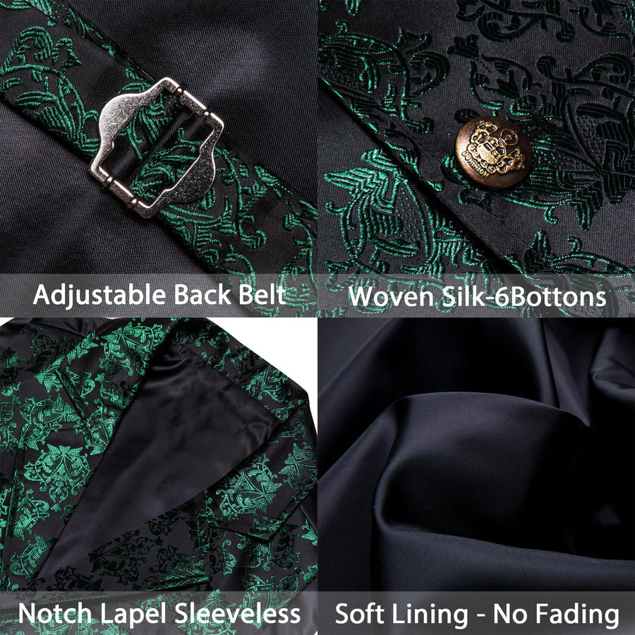 Dark Green Black Floral Silk Waistcoat Suit Vest Set vest set    - Sophisticated Gentlemen
