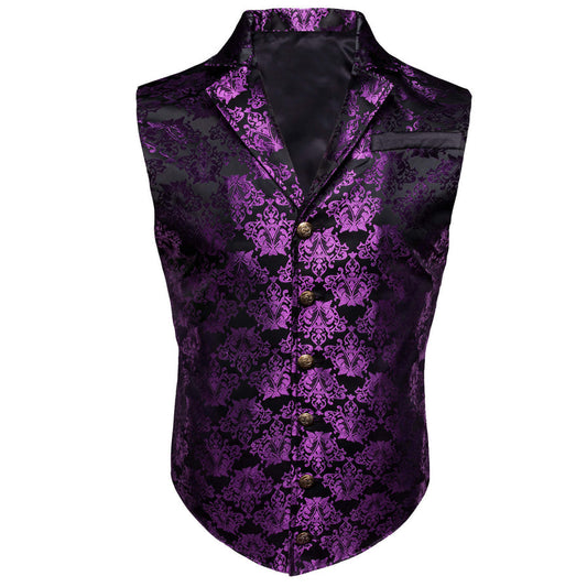 Dark Purple Jacquard Black Floral Silk Waistcoat Suit Vest Set vest set S (Chest 40")   - Sophisticated Gentlemen