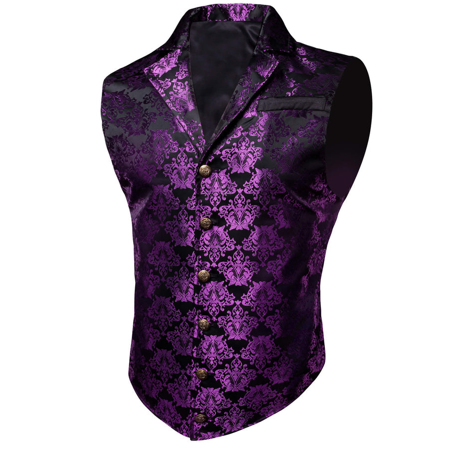 Dark Purple Jacquard Black Floral Silk Waistcoat Suit Vest Set vest set    - Sophisticated Gentlemen