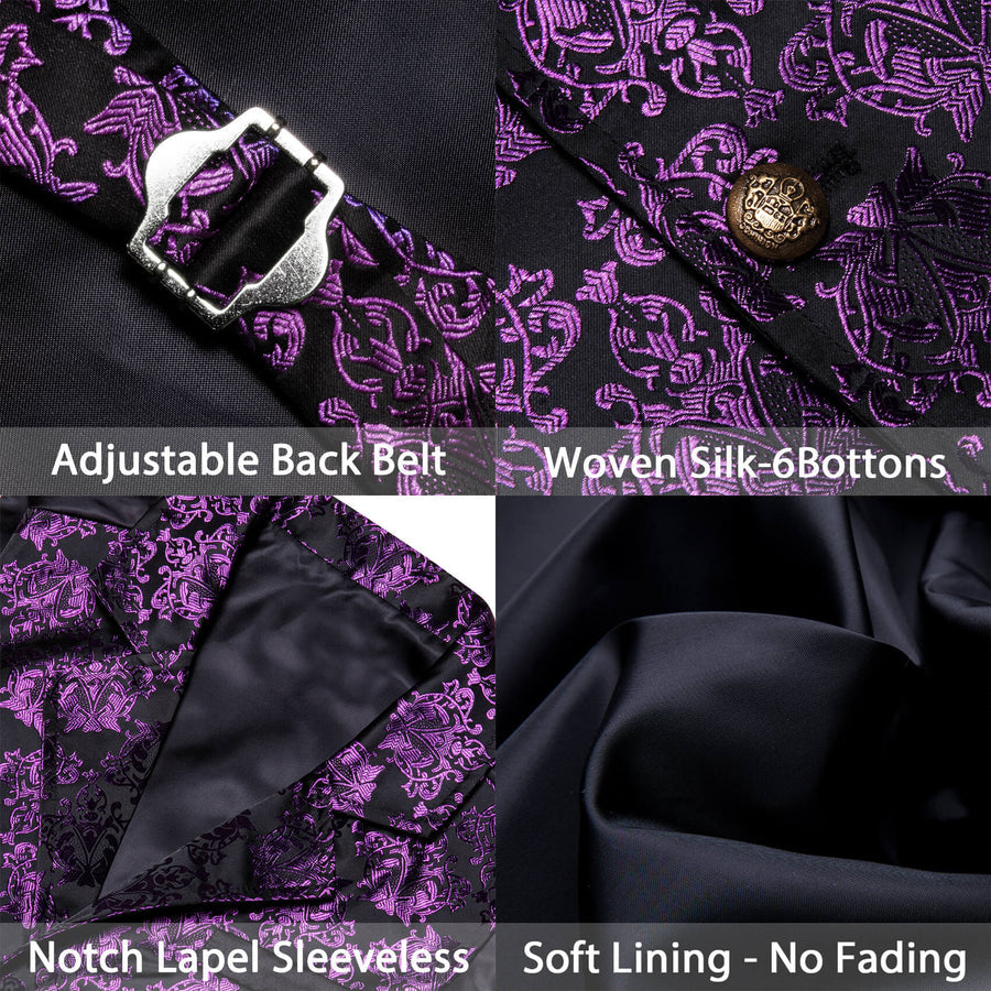 Dark Purple Jacquard Black Floral Silk Waistcoat Suit Vest Set vest set    - Sophisticated Gentlemen