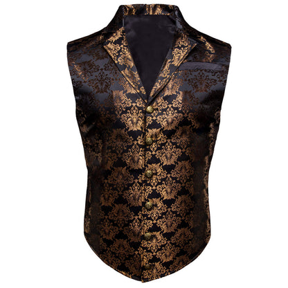 New Black Tortilla Brown Floral Silk Waistcoat Suit Vest Set vest set S (Chest 40")   - Sophisticated Gentlemen