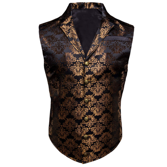 New Black Tortilla Brown Floral Silk Waistcoat Suit Vest Set vest set S (Chest 40")   - Sophisticated Gentlemen