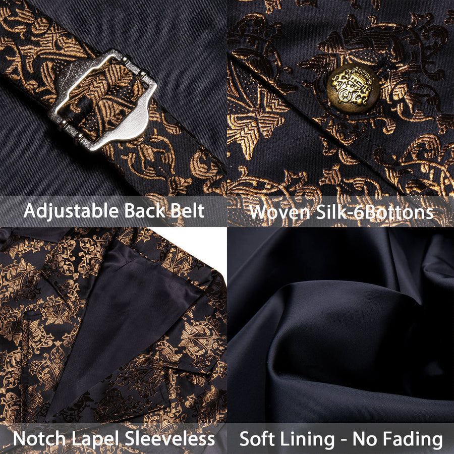 New Black Tortilla Brown Floral Silk Waistcoat Suit Vest Set vest set    - Sophisticated Gentlemen