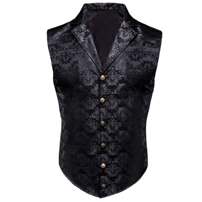 Silver Black Woven Floral Silk Waistcoat Suit Vest Set vest set S (Chest 40")   - Sophisticated Gentlemen