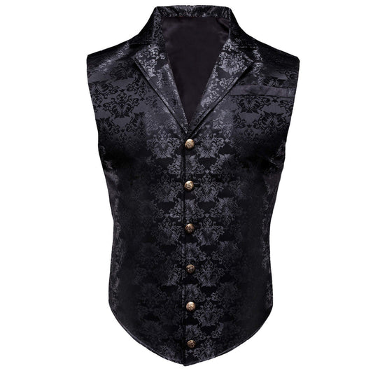 Silver Black Woven Floral Silk Waistcoat Suit Vest Set vest set S (Chest 40")   - Sophisticated Gentlemen