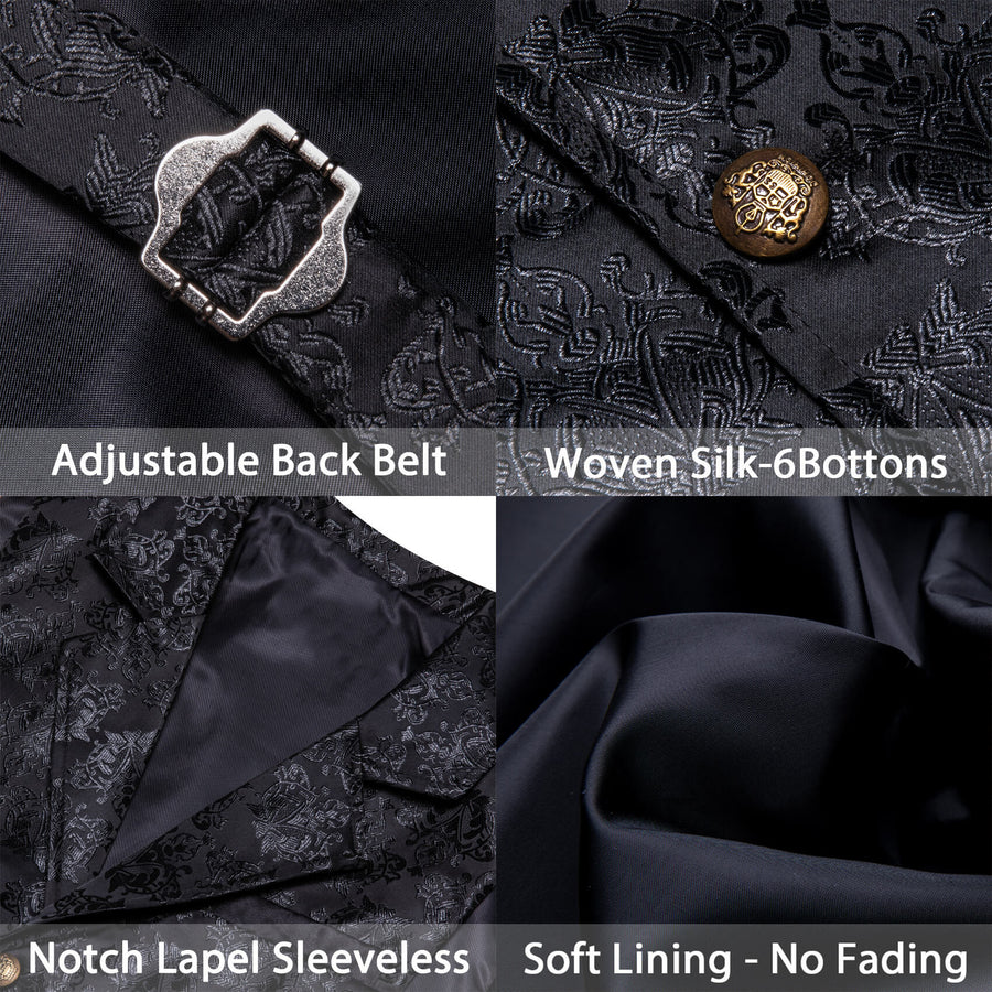 Silver Black Woven Floral Silk Waistcoat Suit Vest Set vest set    - Sophisticated Gentlemen
