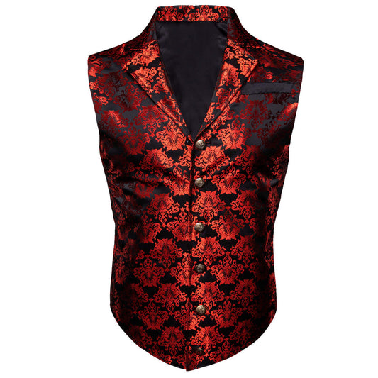 Black Red Woven Floral Silk Waistcoat Suit Vest Set vest set S (Chest 40")   - Sophisticated Gentlemen