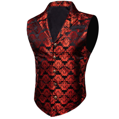 Black Red Woven Floral Silk Waistcoat Suit Vest Set vest set    - Sophisticated Gentlemen