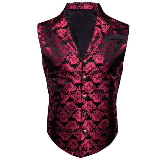 Black Ruby Red Jacquard Floral Silk Vest Set vest set S (Chest 40")   - Sophisticated Gentlemen