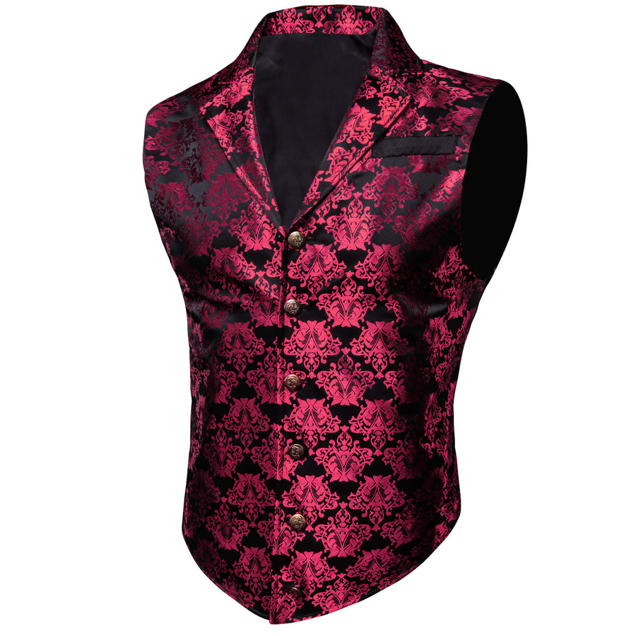 Black Ruby Red Jacquard Floral Silk Vest Set vest set    - Sophisticated Gentlemen
