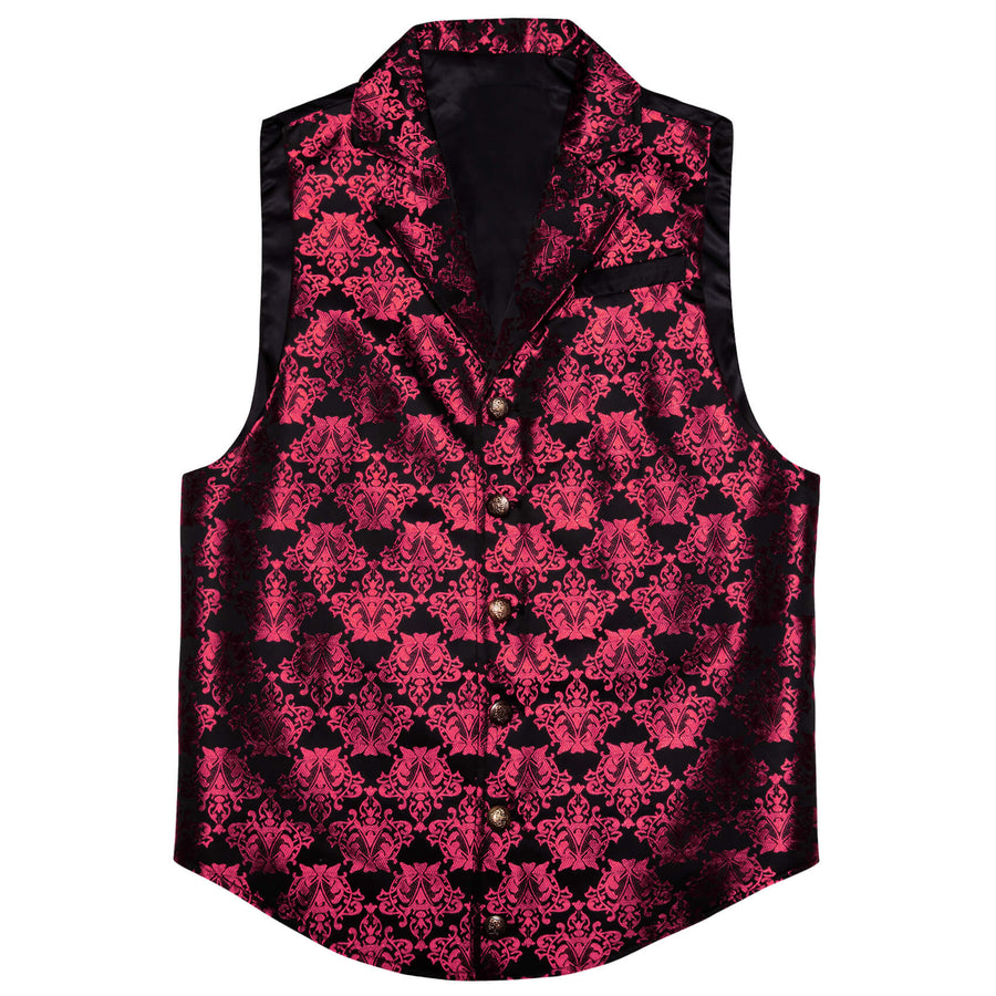 Black Ruby Red Jacquard Floral Silk Vest Set vest set    - Sophisticated Gentlemen
