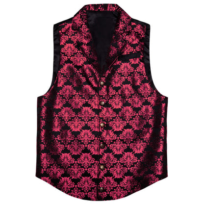 Black Ruby Red Jacquard Floral Silk Vest Set vest set    - Sophisticated Gentlemen