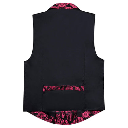 Black Ruby Red Jacquard Floral Silk Vest Set vest set    - Sophisticated Gentlemen