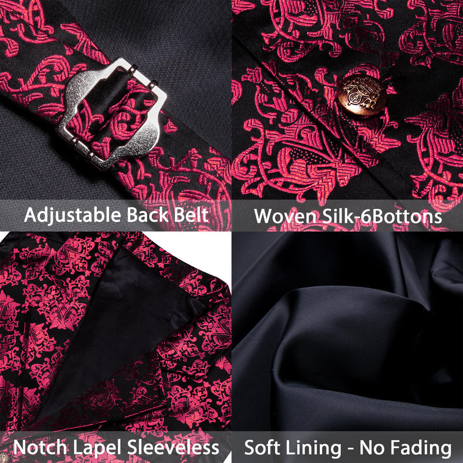 Black Ruby Red Jacquard Floral Silk Vest Set vest set    - Sophisticated Gentlemen