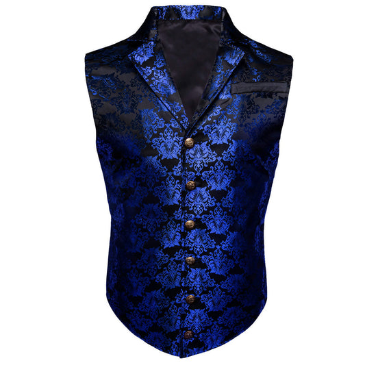 Black Blue Jacquard Floral Silk Suit Vest Set vest set S (Chest 40")   - Sophisticated Gentlemen