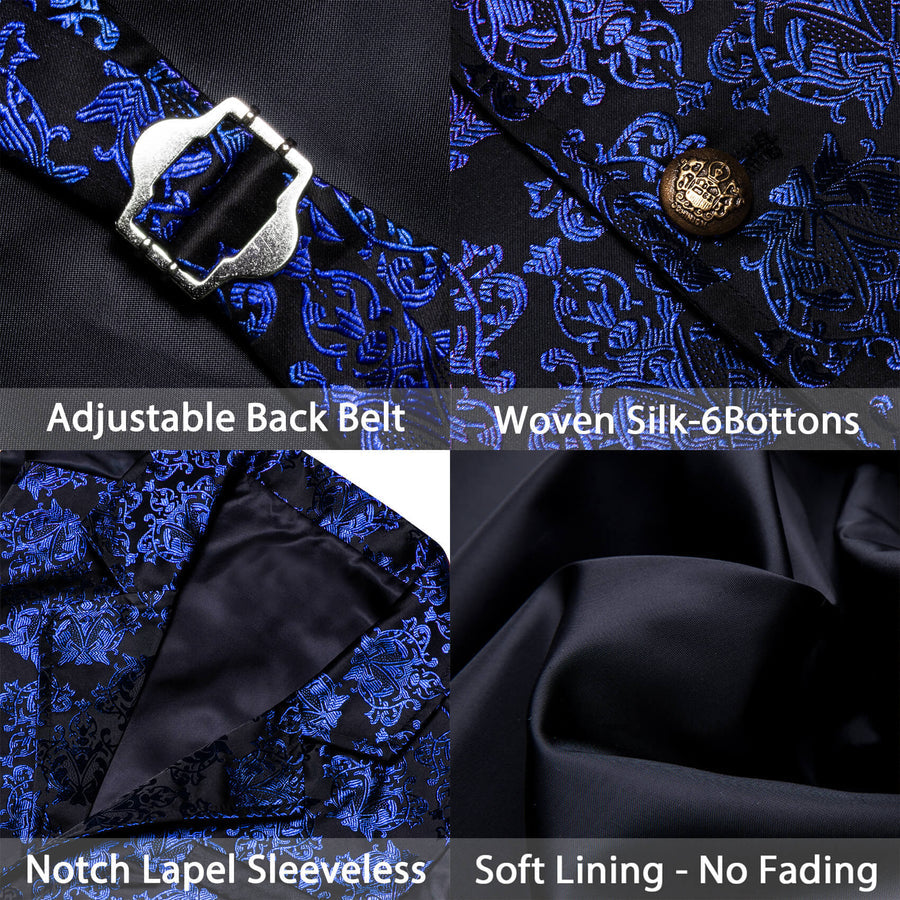 Black Blue Jacquard Floral Silk Suit Vest Set vest set    - Sophisticated Gentlemen