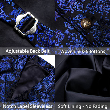 Black Blue Jacquard Floral Silk Suit Vest Set vest set    - Sophisticated Gentlemen