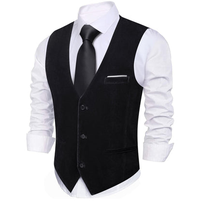 Black Solid Men's Flannelette Work Dress Vest Set vest set    - Sophisticated Gentlemen
