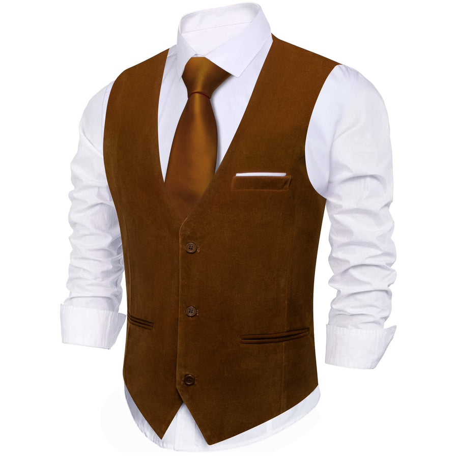 Saddle Brown Solid Men's Flannelette Work Dress Vest Set vest set    - Sophisticated Gentlemen