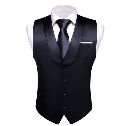 New Black Solid Jacquard Men's Collar Vest Set vest set    - Sophisticated Gentlemen