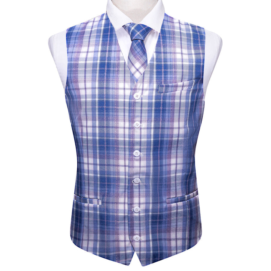 Blue and White Plaid Jacquard Vest Set - 2 Piece vest set    - Sophisticated Gentlemen