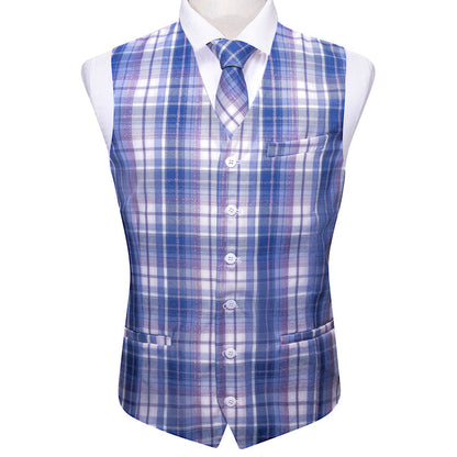 Blue and White Plaid Jacquard Vest Set - 2 Piece vest set    - Sophisticated Gentlemen