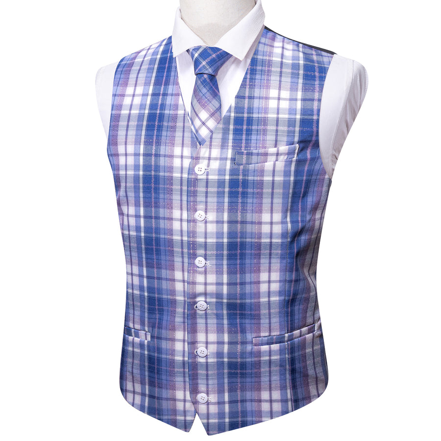 Blue and White Plaid Jacquard Vest Set - 2 Piece vest set    - Sophisticated Gentlemen