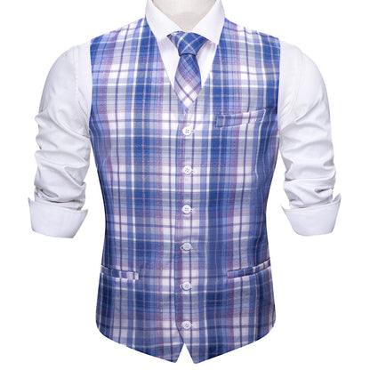 Blue and White Plaid Jacquard Vest Set - 2 Piece vest set    - Sophisticated Gentlemen