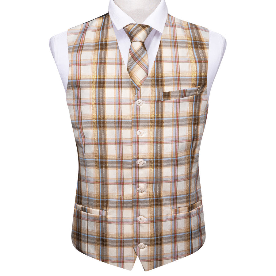 Beige Light Brown Plaid Jacquard Vest Set vest set    - Sophisticated Gentlemen