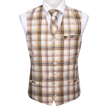 Beige Light Brown Plaid Jacquard Vest Set vest set    - Sophisticated Gentlemen