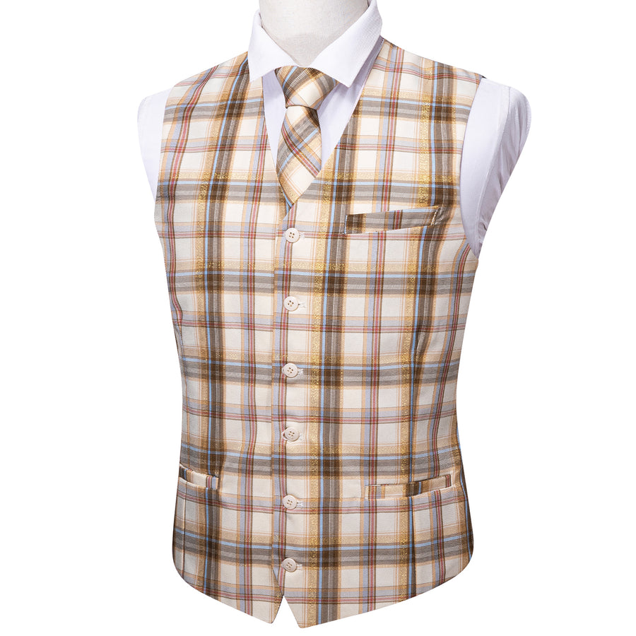 Beige Light Brown Plaid Jacquard Vest Set vest set    - Sophisticated Gentlemen