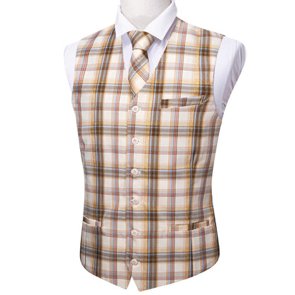 Beige Light Brown Plaid Jacquard Vest Set vest set    - Sophisticated Gentlemen