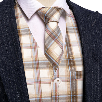 Beige Light Brown Plaid Jacquard Vest Set vest set S (Chest 40")   - Sophisticated Gentlemen