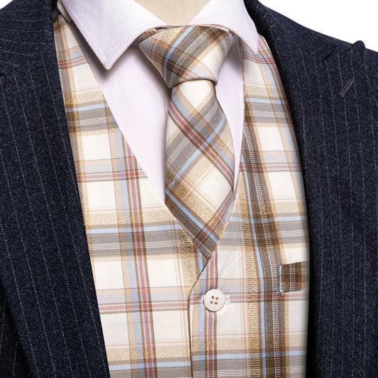 Beige Light Brown Plaid Jacquard Vest Set vest set S (Chest 40")   - Sophisticated Gentlemen