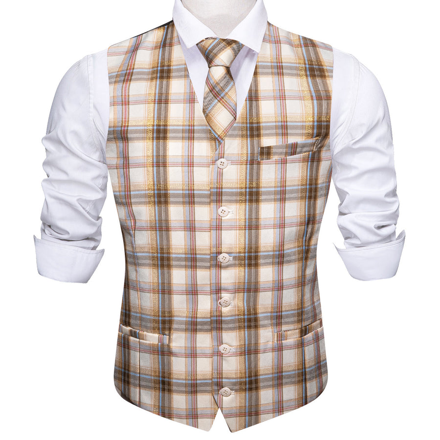 Beige Light Brown Plaid Jacquard Vest Set vest set    - Sophisticated Gentlemen