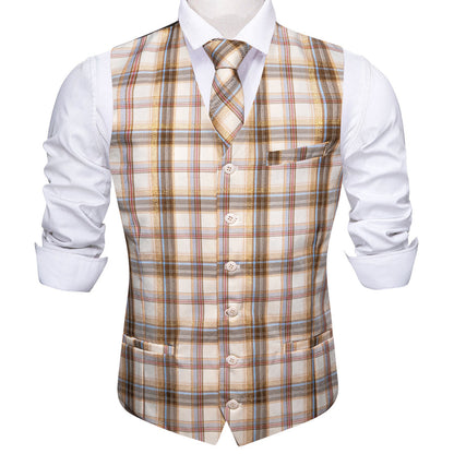 Beige Light Brown Plaid Jacquard Vest Set vest set    - Sophisticated Gentlemen