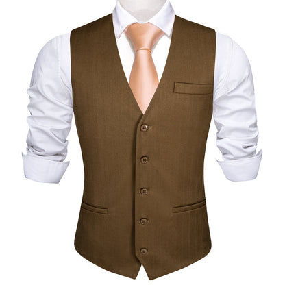 Olive Brown Solid Jacquard Men's Vest Set vest set    - Sophisticated Gentlemen