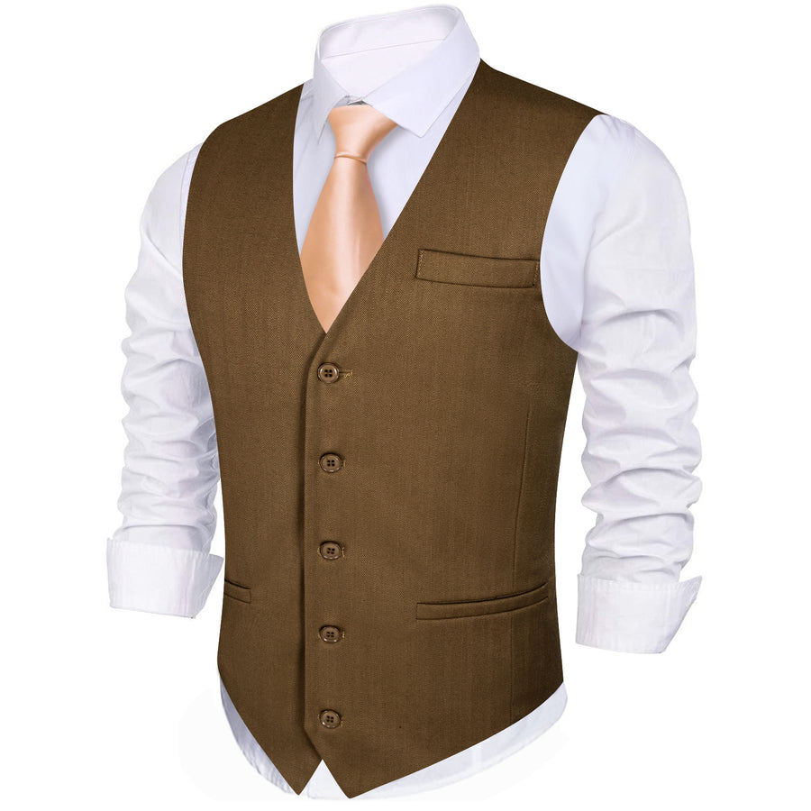 Olive Brown Solid Jacquard Men's Vest Set vest set    - Sophisticated Gentlemen