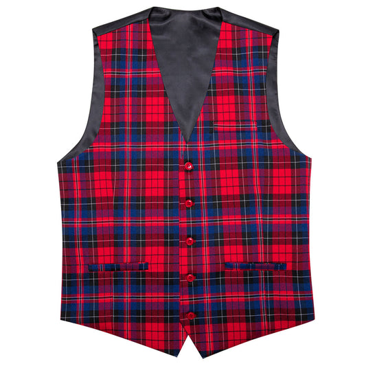 Red Blue Plaid Jacquard Men's Vest Set vest set S (Chest 40")   - Sophisticated Gentlemen
