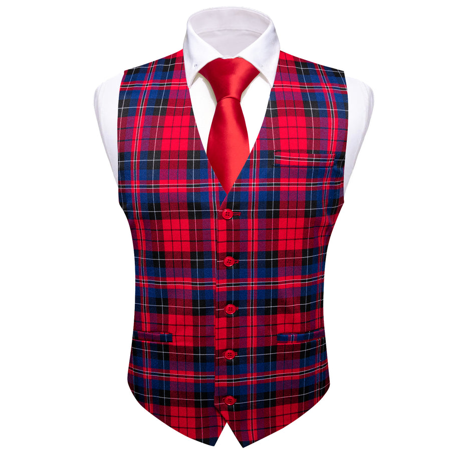 Red Blue Plaid Jacquard Men's Vest Set vest set    - Sophisticated Gentlemen