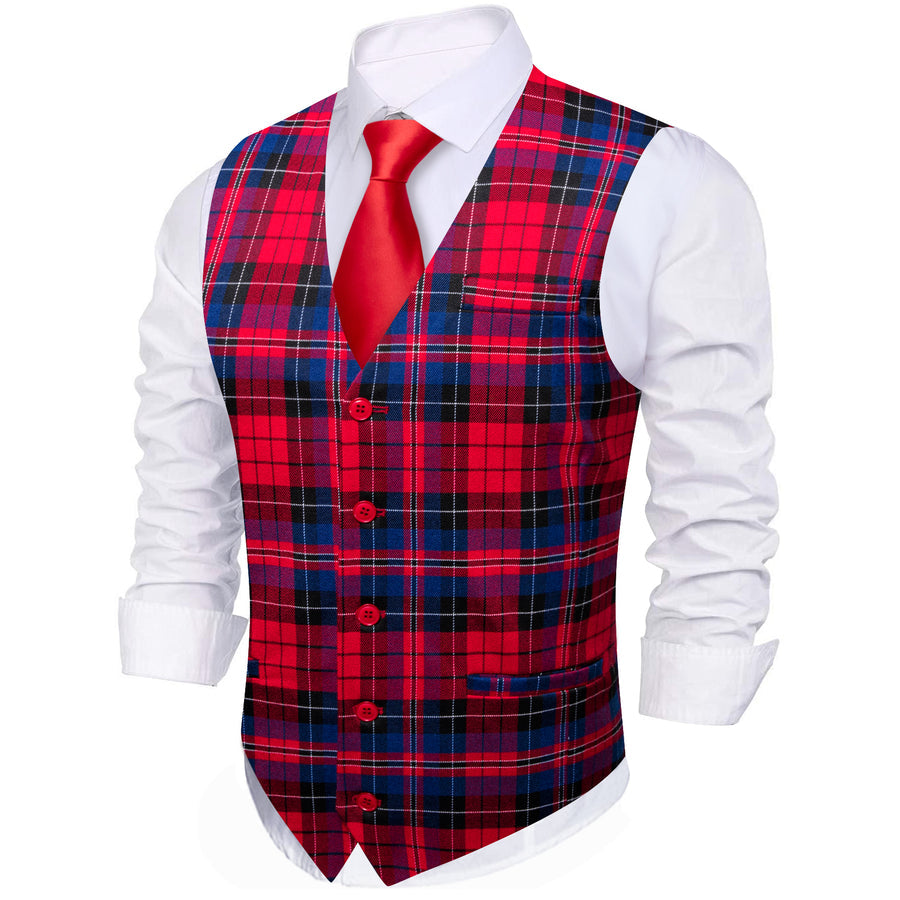 Red Blue Plaid Jacquard Men's Vest Set vest set    - Sophisticated Gentlemen