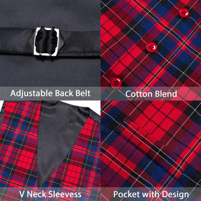 Red Blue Plaid Jacquard Men's Vest Set vest set    - Sophisticated Gentlemen
