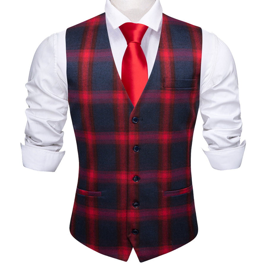 Deep Red Blue Plaid Jacquard Men's Vest Set vest set    - Sophisticated Gentlemen