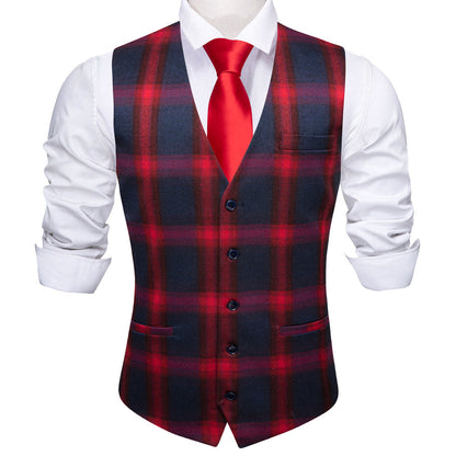 Deep Red Blue Plaid Jacquard Men's Vest Set vest set    - Sophisticated Gentlemen