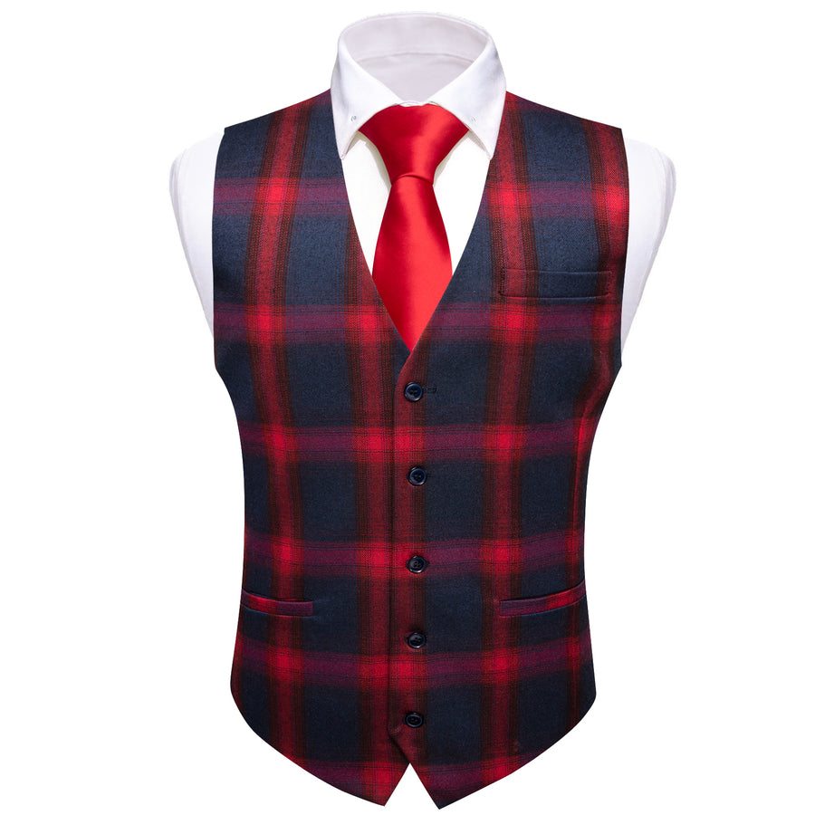 Deep Red Blue Plaid Jacquard Men's Vest Set vest set    - Sophisticated Gentlemen