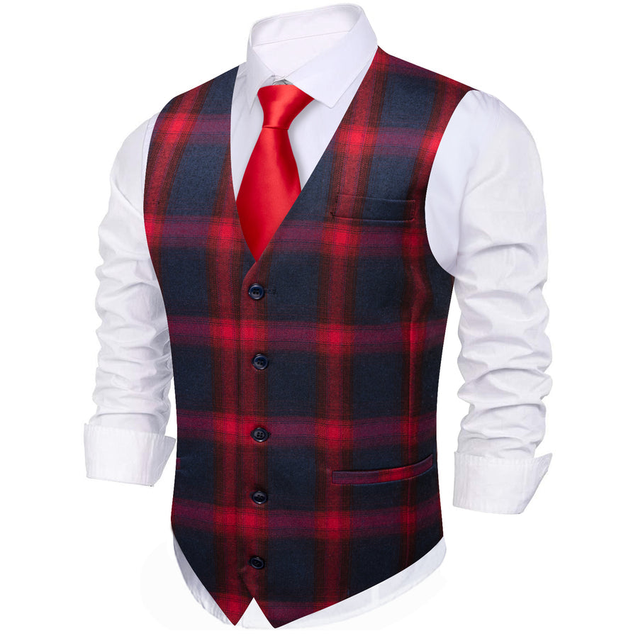 Deep Red Blue Plaid Jacquard Men's Vest Set vest set    - Sophisticated Gentlemen
